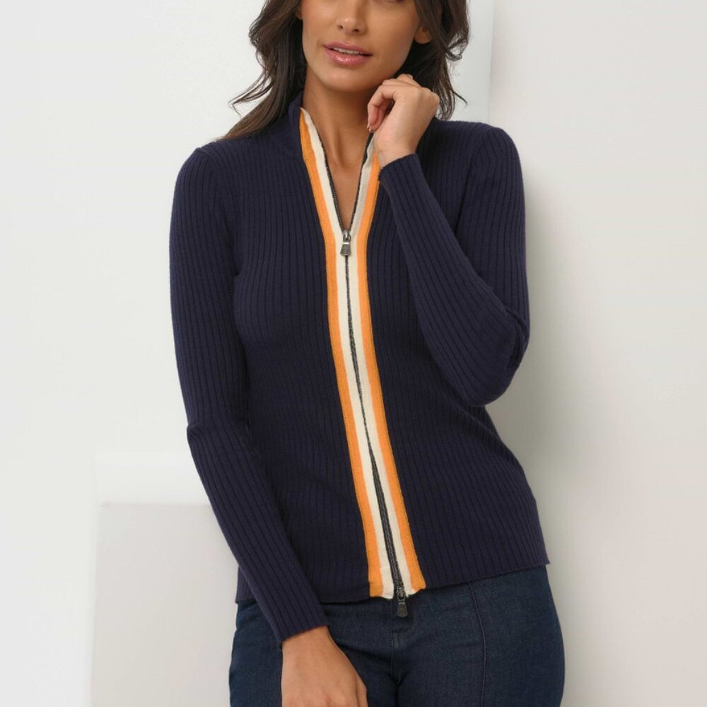 NWT Anatomie Charlize Navy Zip-Up Ribbed Travel Sweater Orange Cream Stripe - Picture 3 of 14